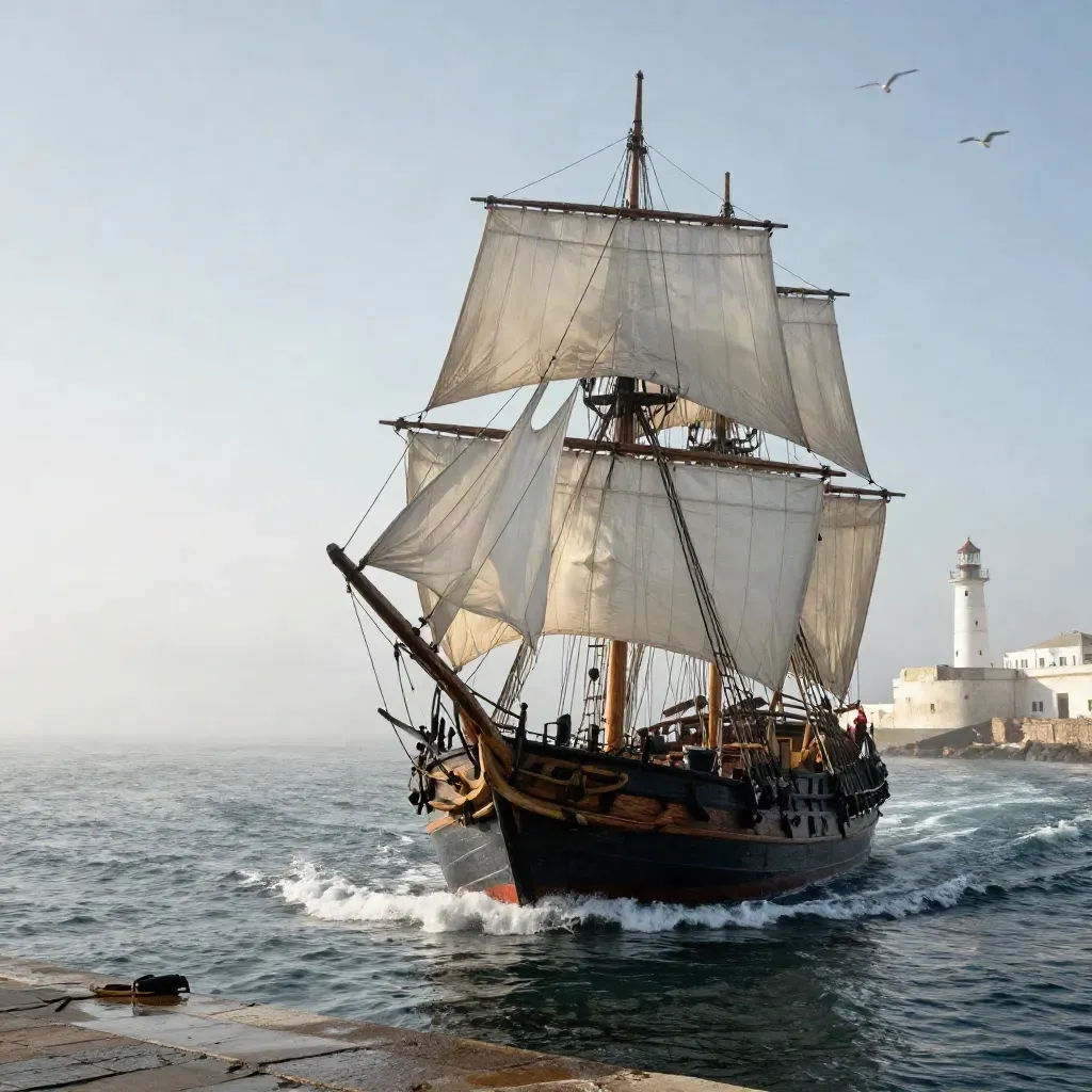 Carabela histórica entrando en la bahía de Cádiz con velas recogidas y niebla marina.